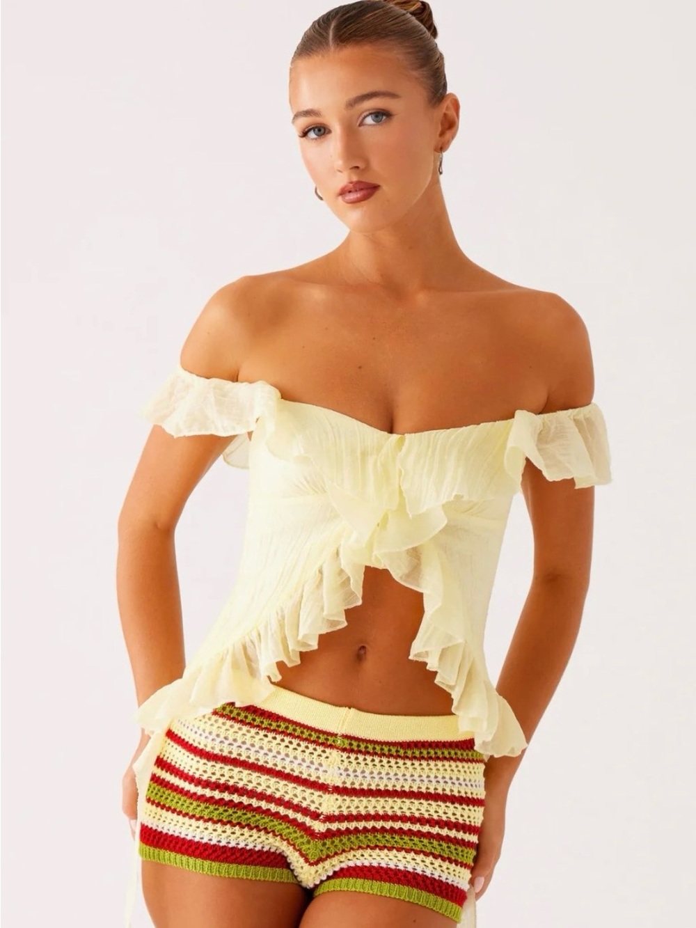 Peppermayo Pale Yellow Off-Shoulder Ruffle Top